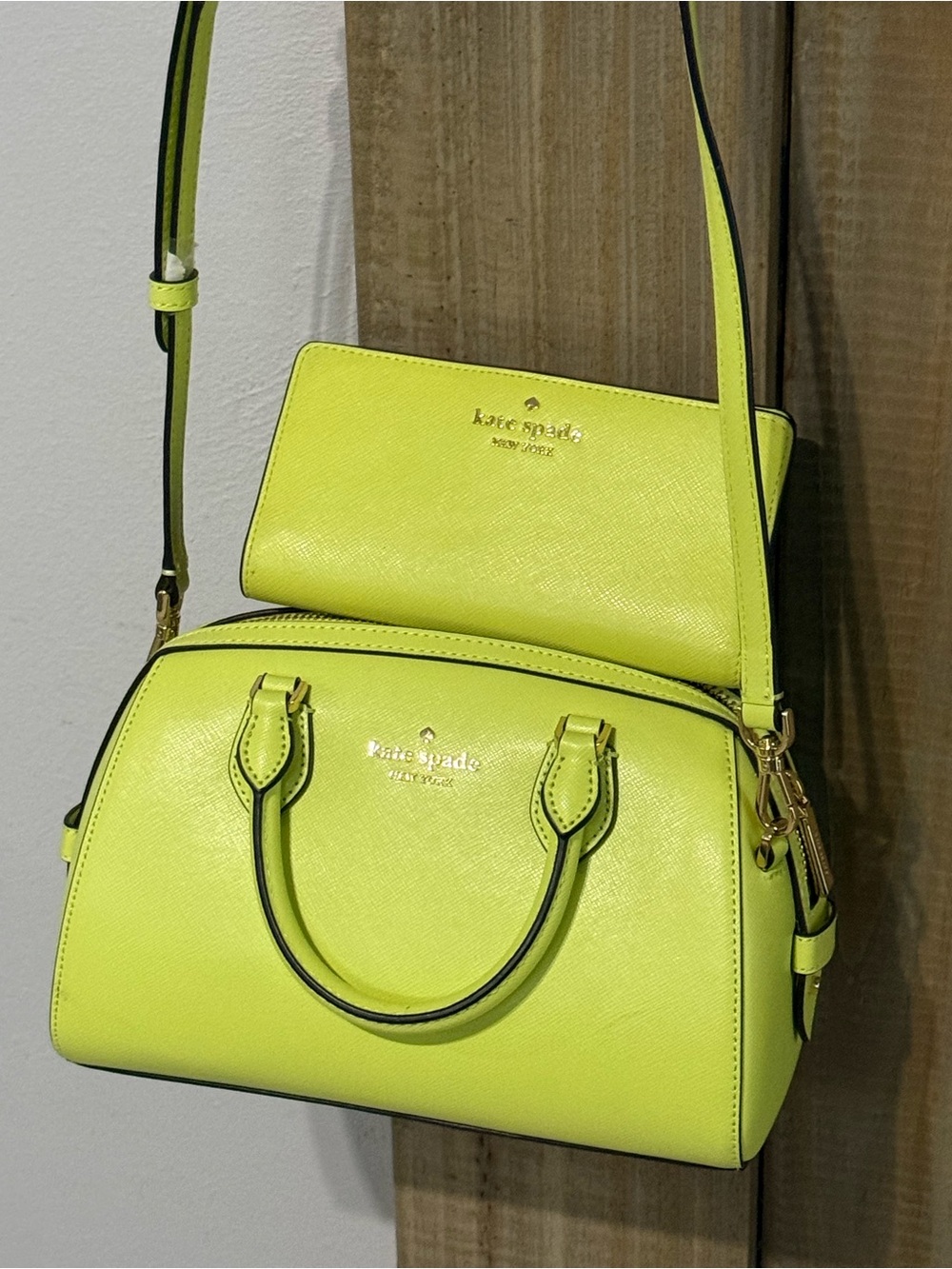 NWOT Kate Spade Neon Lime Satchel with Matching Wallet. Perfect for Summer